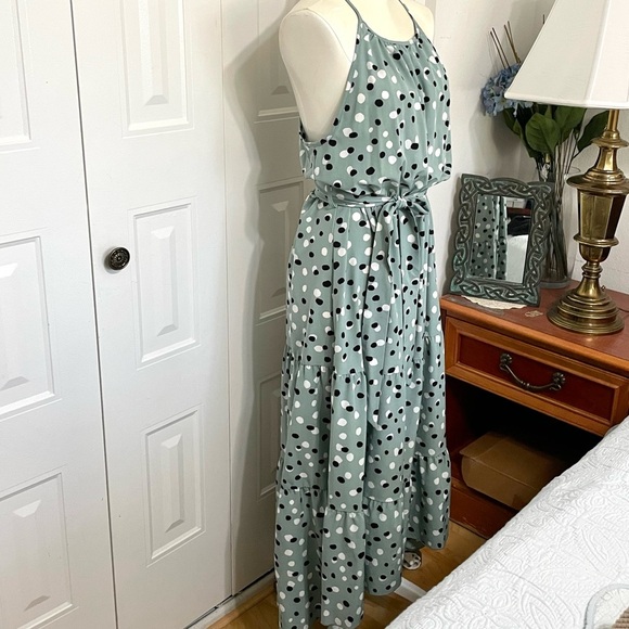High neck racerback tiered sage green polka dot maxi dress NWT sizes M, L - Picture 3 of 10